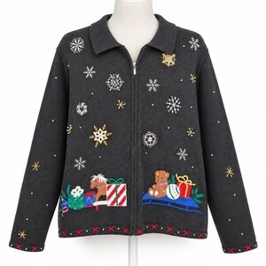 Vintage 90s Embroidered Christmas Santa Zip Sweater Size XL Presents Snowflake